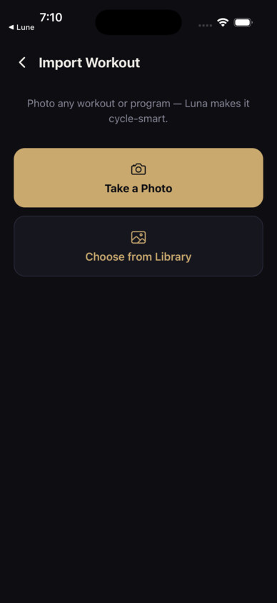 Lune Import Workout screen