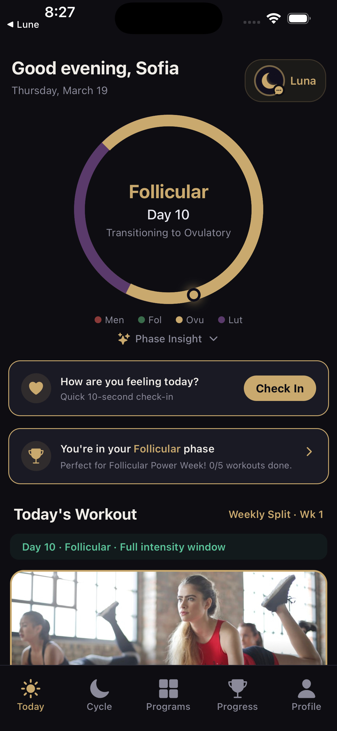 Lune Today screen with cycle ring